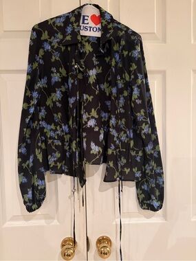 Altuzarra Black Floral Tie-Neck Blouse with Blue and Green Print